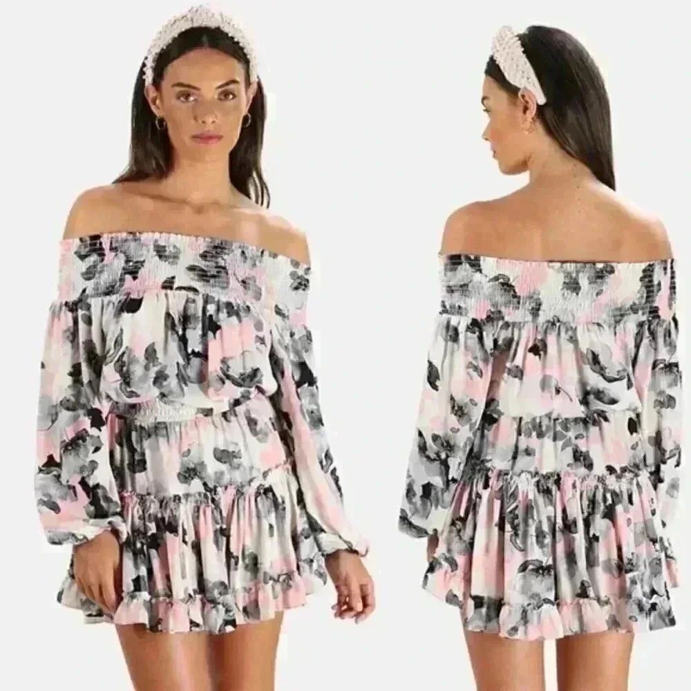 MISA Los Angeles Freesia Off The Shoulder Watercolor Floral Dress Size XS $282